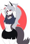  anthro black_bottomwear black_clothing black_shorts blue_clothing blue_topwear bottomwear canid canid_demon clothed clothing collar demon ear_piercing female front_view fur grey_hair hair hands_behind_head hellhound helluva_boss hi_res long_hair looking_at_viewer loona_(helluva_boss) mammal navel piercing pupils red_background red_sclera shorts simoncross simple_background slit_pupils solo studded_collar thick_thighs topwear white_background white_body white_eyes white_fur wide_hips 