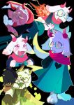  1boy 1other armor arms_behind_back black_background blush blush_stickers clenched_hands commentary deltarune explosion furry furry_male glasses goat_boy green_tunic heart highres horns hug kris_(deltarune) multiple_views open_mouth pink_eyes ralsei round_eyewear scarf senjochi_janai signature simple_background sweat symbol-only_commentary tunic 