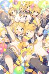  1boy 1girl :d aqua_eyes arm_up balloon bass_clef blonde_hair blush border bow box brother_and_sister commentary confetti detached_sleeves fang finger_gun finger_heart floating frilled_shirt frills gift gift_box hair_bow hair_ornament hairclip headset heart kagamine_len kagamine_rin leg_warmers looking_at_viewer midriff multiple_views navel necktie number_print one_eye_closed open_hand outline outside_border pointing sailor_collar shirt short_hair short_ponytail short_sleeves shorts siblings sinaooo skin_fang sleeveless smile strap treble_clef v vocaloid white_border white_bow white_outline white_shirt yellow_background yellow_necktie 