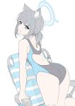  1girl animal_ear_fluff animal_ears ass blue_archive blue_eyes commentary dated_commentary grey_hair halo highres light_smile looking_at_viewer masabodo official_alternate_costume one-piece_swimsuit shiroko_(blue_archive) shiroko_(swimsuit)_(blue_archive) short_hair simple_background solo swimsuit white_background 