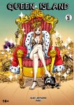  1girl absurdres chair crossed_legs crown english_text highres long_hair looking_ahead looking_at_viewer nami_(one_piece) one_piece qjo_jotaro red_hair sitting throne tony_tony_chopper treasure 