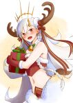  1girl alternate_costume antlers blush braid christmas fate/grand_order fate_(series) gift highres horns long_hair midriff red_eyes reindeer_antlers santa_costume single_braid single_horn solo u-olga_marie very_long_hair white_hair yoko_egaki 