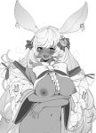  1girl :3 absurdres animal_ears bangs blush bow breasts dark-skinned_female dark_skin earrings granblue_fantasy greyscale hair_ornament highres jewelry large_breasts long_hair looking_at_viewer macora_(granblue_fantasy) monochrome nipples nude open_mouth putama rabbit_ears simple_background solo sweat wide_sleeves 