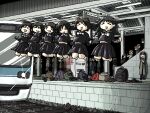  &gt;_&lt; 6+girls 6+others bag barefoot black_hair black_serafuku black_shirt black_skirt brown_hair closed_eyes fuchina_(fucinami) full_body ground_vehicle highres holding_hands jumping multiple_girls multiple_others open_mouth original outdoors railroad_tracks sailor_collar school_bag school_uniform serafuku shirt shoes shoes_removed sketch skirt smile socks_removed suicide tearing_up train train_station train_station_platform vending_machine 