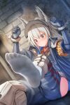  1girl absurdres animal_ears arknights armband blush brick_wall brown_eyes chain feet foot_focus gloves grani_(arknights) highres huan_yu no_shoes restrained socks soles solo toes white_hair white_socks 