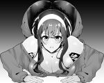  1girl ass breasts cleavage dogeza greyscale headband kneeling large_breasts long_hair monochrome spy_x_family yor_briar yukihiro_(kimizora) 