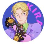  1boy blonde_hair character_name closed_mouth diamond_wa_kudakenai formal highres honlo jacket jojo_no_kimyou_na_bouken killer_queen kira_yoshikage long_sleeves looking_to_the_side male_focus necktie portrait purple_eyes purple_jacket shirt short_hair solo stand_(jojo) 