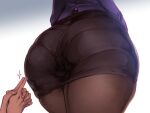  1boy 1girl ass ass_focus black_pantyhose black_skirt from_behind highres huge_ass jacket kanchou lower_body original panties pantyhose pencil_skirt purple_jacket simple_background skirt solo_focus tetsuwan_woopie underwear 