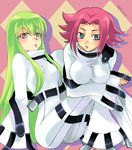  2girls asylum big_breasts blue_eyes bodysuit breasts c.c. cc cc_(cosplay) code_geass crossed_arms erect_nipples female green_hair kallen_stadtfeld large_breasts long_hair multiple_girls red_hair sitting yellow_eyes 