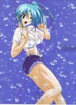  ;d aqua_eyes ass bangs blue_hair bra breasts bubble cleavage crop_top denim denim_shorts divergence_eve impossible_clothes impossible_shirt kureha_misaki lace lace_bra large_breasts lingerie long_hair midriff official_art one_eye_closed open_mouth ponytail profile scan see-through shiny shiny_hair shiny_skin shirt short_shorts shorts side_ponytail smile solo sparkle standing t-shirt torn_clothes underwear wet wet_clothes wet_shirt white_bra wince yamashita_toshinari 
