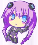  1girl blue_eyes bodysuit braid chibi choujigen_game_neptune compile_heart female gust hair_ornament idea_factory kuronekozukin leotard long_hair neptune_(choujigen_game_neptune) neptune_(series) nippon_ichi purple_hair purple_heart sega solo super_dimension_game_neptune symbol-shaped_pupils thighhighs twin_braids 