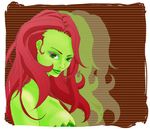  1girl bare_shoulders batman_(series) dc_comics female green_eyes green_lips green_skin kikisuke_t long_hair looking_at_viewer poison_ivy red_hair solo 