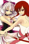  2girls bare_shoulders black_dress blue_eyes bow choker dress erza_scarlet fairy_tail female hair_bow long_hair mirajane mirajane_strauss multiple_girls nail_polish over_shoulder red_eyes red_hair rivals sword weapon white_dress white_hair young younger 