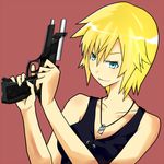  aya_brea bare_shoulders blonde_hair female green_eyes gun haru_(3031) haru_(pixiv113322) jewelry necklace parasite_eve parasite_eve_the_3rd_birthday short_hair simple_background solo weapon 