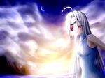  arc_system_works bare_shoulders blazblue blush bodysuit breasts eyepatch female long_hair najaran_(pixiv) nu-13 outdoors red_eyes silver_hair sky solo 