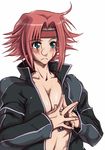  blush breasts cleavage code_geass female headband jacket kallen_stadtfeld long_hair no_bra open_clothes open_shirt red_hair shirt solo sweatdrop white_background yoshijima_ataru 