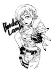  1girl beauty_mark belt borderlands breasts female fingerless_gloves fingernails flat_n gloves jacket lilith_(borderlands) long_fingernails long_nails midriff mole monochrome pants short_hair solo tubetop 