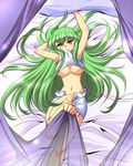  armpits bad_feet barefoot bed breasts c.c. cc code_geass feet green_hair highres ka2 long_hair lying midriff mouth_hold navel see-through shirt_lift shorts underboob yellow_eyes 