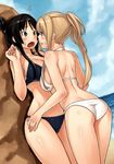  23_(real_xxiii) 2girls akiyama_mio alternate_hairstyle ass back beach bikini black_hair blonde_hair blue_eyes blush breasts cleavage couple eye_contact highres hug k-on! kotobuki_tsumugi large_breasts looking_at_another multiple_girls nervous ocean open_mouth ponytail real_xxiii shiny shiny_skin sideboob sky smile sweatdrop swimsuit water you_gonna_get_raped yuri 