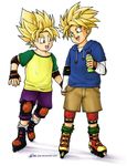  90&#039;s 90s bottle dragon_ball dragonball dragonball_z elbow_pads gloves hand_holding holding_hands inline_skates knee_pads roller_blades roller_skates skates son_goten super_saiyan trunks_(dragon_ball) trunks_briefs 