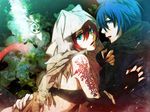  1girl animal_ears blue_eyes blue_hair cat_ears couple double_click_(artist) duplicate hetero hug kaito meiko nail_polish red_eyes red_hair scarf tail tattoo vocaloid 