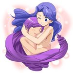  blue_eyes blue_hair breast_press breasts caren_(mermaid_melody_pichi_pichi_pitch) closed_eyes hug incest jouwan long_hair lowres medium_breasts mermaid_melody_pichi_pichi_pitch mole multiple_girls noel_(mermaid_melody_pichi_pichi_pitch) nude purple_hair smile very_long_hair yuri 