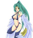  1girl bare_shoulders blush breasts claws cleavage duel_monster elbow_gloves gloves green_hair harpie_queen harpy korican long_hair monster_(yugioh) monster_girl navel open_mouth ponytail sideboob solo wings yellow_eyes yu-gi-oh! 