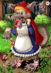  &lt;3_eyes basket blue_eyes brown_hair canine cape claws dress edmol hood little_red_riding_hood love mammal open_mouth paws socks solo tail teeth tongue transformation wolf 