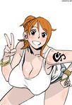  bangle bent_over black_eyes blush bracelet breasts cleavage hand_on_hip hanging_breasts huge_breasts jewelry log_pose nami_(one_piece) one_piece orange_hair ponytail short_hair short_shorts shorts smile solo tank_top tattoo v watch wristwatch 