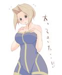  bare_shoulders blonde_hair blush breasts cleavage final_fantasy final_fantasy_tactics kazamidori_(lumq) large_breasts monk_(fft) short_hair solo unitard white_background 