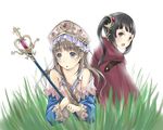  2girls aquariumtama atelier atelier_(series) atelier_totori black_hair brown_hair fang flat_chest grass gray_eyes grey_eyes hair_ring hair_rings long_hair mimi_houllier_von_schwarzlang multiple_girls nervous purple_eyes staff tamaki_iori totooria_helmold 