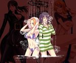  2girls belt bikini black_hair collage dress female glasses jacket jewelry multiple_girls nami nami_(one_piece) necklace nico_robin one_piece one_piece:_strong_world orange_hair sitting smile standing striped striped_top suspenders sweater swimsuit thighhighs towel 