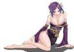  bare_legs bare_shoulders barefoot beauty_mark big_breasts breasts chi-ve cleavage detached_sleeves dress feet female full_body hair_ornament hair_up japanese_clothes large_breasts legs long_hair lying mole nail_polish nouhime purple_eyes purple_hair sengoku_musou sengoku_musou_3 side_slit solo strapless strapless_dress toes white_background 