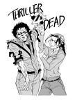  belt crossover flat_n highres jacket left_4_dead long_hair michael_jackson monochrome pants parody ponytail short_hair smile thriller torn_clothes zoey_(left4dead) zombie 