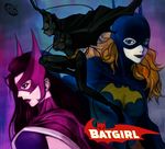  3girls animal_ears arm_up barbara_gordon bat_ears batgirl batman_(series) belt belt_pouch black_hair blue_eyes bodysuit breasts bust cable cape cassandra_cain character_name dc_comics dual_persona fake_animal_ears female from_side gloves halcion helena_bertinelli holding hood huntress huntress_(dc) jumping leg_lift lipstick long_hair looking_afar looking_at_viewer makeup mask multiple_girls orange_hair outstretched_arm parted_lips profile purple_eyes purple_lips purple_lipstick red_lipstick side skin_tight smile spandex turtleneck upper_body utility_belt wavy_hair weapon 