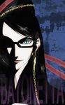  bayonetta bayonetta_(character) beauty_mark black_hair blue_eyes cat_eyes chains earrings female free-da glasses hair_bun jewelry long_hair mole red_ribbon ribbon slit_pupils solo 