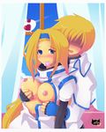  arc_system_works ayb blonde_hair blue_eyes breast_grab breasts condom condom_in_mouth couple grabbing guilty_gear hairband ky_kiske millia_rage mouth_hold video_game 