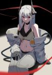  1girl absurdres arknights bangs bare_shoulders black_choker choker commentary_request crop_top feet_out_of_frame grey_hair highres horns long_hair looking_at_viewer midriff mudrock_(arknights) natoriusu_sansei navel off_shoulder parted_lips pointy_ears red_eyes sitting solo sports_bra stomach 