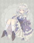  1girl adapted_costume argyle argyle_background blue_dress boots braid brown_footwear closed_mouth cross-laced_footwear dress full_body grey_eyes grey_hair hair_between_eyes highres izayoi_sakuya lace-up_boots long_hair nikorashi-ka sleeves_past_fingers sleeves_past_wrists socks solo touhou twin_braids white_socks wide_sleeves 