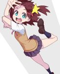  1girl ahoge blue_eyes bright_pupils brown_hair full_body hair_ornament highres loafers looking_at_viewer luluco school_uniform shoes short_hair simple_background skirt star_(symbol) star_hair_ornament surprised uchuu_patrol_luluco white_pupils yoshi_(moco1) 