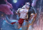  anthro asian_clothing blue_body blue_fur bulge canid canine cherry_blossom cherry_blossom_tree cherry_tree claws clothing countershade_face countershade_fur countershade_torso countershading east_asian_clothing fruit_tree full_moon fundoshi fur hi_res horn japanese_clothing male mammal moon muscular muscular_anthro muscular_male night partially_submerged pecs plant red_clothing red_fundoshi red_underwear sanyu_lim solo tree underwear water waterfall 