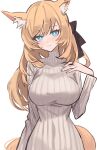  1girl animal_ear_fluff animal_ears arknights bangs blonde_hair blue_eyes breasts bright_pupils dress grin hand_up highres horse_ears horse_girl horse_tail large_breasts long_hair looking_at_viewer narrow_waist ribbed_sweater shino_duka simple_background smile solo sweater sweater_dress swept_bangs tail thick_eyelashes turtleneck turtleneck_sweater whislash_(arknights) white_background 