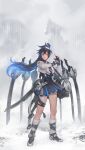  1girl absurdres black_hair blue_eyes blue_hair copyright_request gloves highres instant_ip long_hair multicolored_hair one_eye_closed skirt snow snowing sword weapon 