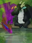  ambiguous_gender black_body claws detailed_background digital_media_(artwork) dragon drinking duo feathers feral forest grass hair hi_res horn mane mordorinka outside plant purple_body scales scalie tongue tree water wings 