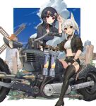  2girls :d akizone animal_ears au_ra avatar_(ff14) bangs black_choker black_hair black_shirt blue_sky blush boots breasts brown_gloves brown_jacket cheeze_(akizone) choker cleavage cloud day fang final_fantasy final_fantasy_xiv fingerless_gloves gloves ground_vehicle high_heel_boots high_heels highres horns jacket large_breasts leaning_forward looking_at_viewer midriff motor_vehicle motorcycle multiple_girls navel open_clothes open_jacket open_mouth outdoors red_eyes renz_(rirene_rn) scales shirt short_hair sitting sky smile sunglasses tail thighhighs white_hair windmill 