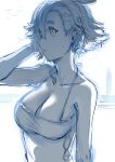  1girl bare_shoulders breasts cleavage dress english_text gundam gundam_suisei_no_majo hairband halterneck hand_up hews highres large_breasts parted_lips short_hair sketch solo suletta_mercury sweat upper_body 