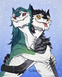  2018 anthro black_body black_fur blep blue_background blue_hair cheek_tuft chin_tuft claws closed_smile dated duo elbow_tuft embrace facial_tuft fangs fur glistening glistening_eyes green_body green_fur grey_body grey_claws grey_fur hair head_tuft hi_res hug long_hair looking_at_viewer male mouth_closed neck_tuft nude orange_eyes pupils red_eyes red_tongue riorix sergal signature simple_background slit_pupils striped_body striped_fur striped_neck stripes teeth tongue tongue_out tuft white_body white_fur 