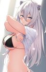  1girl animal_ears bangs bikini bikini_under_clothes blush breasts clothes_lift cocoablue23 ear_piercing grey_eyes grey_hair hair_between_eyes highres hololive large_breasts lifted_by_self long_hair looking_at_viewer piercing shirt shishiro_botan swimsuit virtual_youtuber white_shirt 