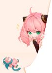  1girl anya_(spy_x_family) curtain_grab curtains director_chimera_(spy_x_family) green_eyes hair_ornament highres jinwu_(artist) looking_at_viewer medium_hair open_mouth peeking_out pink_hair simple_background spy_x_family 