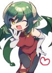  1girl draco_centauros dragon_girl dragon_horns dragon_tail gloves green_eyes heart highres horns looking_at_viewer one_eye_closed pointy_ears puyopuyo red_footwear short_hair solo tail white_gloves wings yomoi 